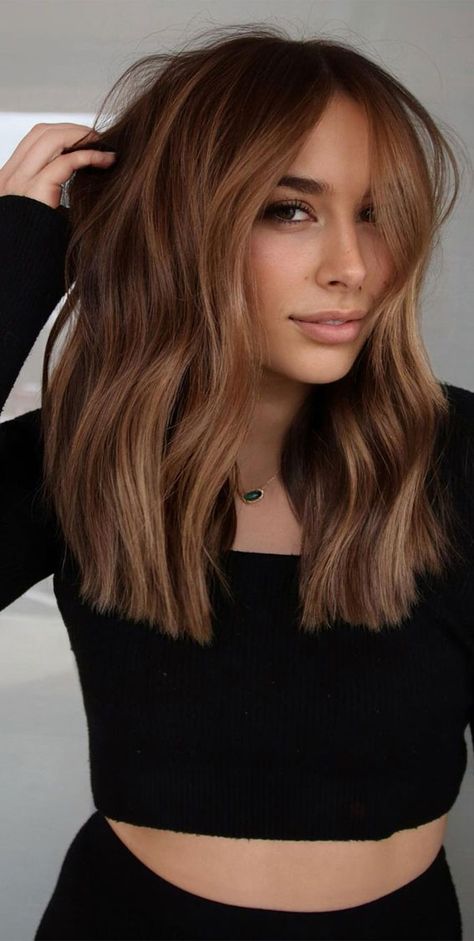 38 Best Hair Colour Trends 2022 That'll Be Big : Dark Hair Colour with Long Bangs How To Add Red Highlights To Brown Hair, Cocoa Blonde Hair, Copper Hair Dark Roots Balayage, Cowboy Brown Hair, Dark Cowboy Copper Hair, Red Brown Hair With Highlights, Macchiato Hair, Cocoa Hair, Autumn Hairstyles