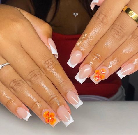 French Nail Designs With Flowers, Hawaii Nails Square, Nails For Hawaii Vacation, Nails For Hawaii, Nail Designs With Flowers, Hawaii Nails, Flowers Nails, Nails Square, French Nail Designs