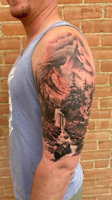 Waterfall Mountain Tattoo, Mountain Tattoo Upper Arm, Mountain Tattoo Shoulder, Mountain Shoulder Tattoo, Holden Tattoo, Mountain Scenery Tattoo, Jt Tattoo, Joel Tattoo, Mountain Sleeve Tattoo