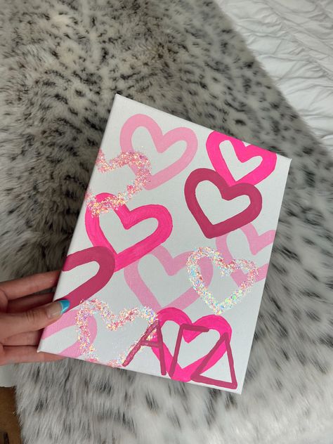 hearts pink cute canvas Cute Painting Ideas For Valentines Day, Barbie Painting Easy, Pink And Red Canvas Painting, Barbie Aesthetic Painting, Hearts Painting On Canvas, Cute Valentine’s Day Paintings, Cute Pink Paintings On Canvas, Painting Ideas For Besties, Pink Sorority Canvas