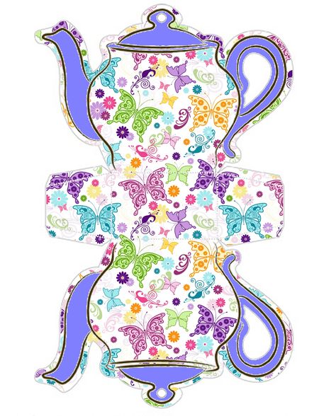 http://fazendoaminhafesta.com.br/2014/02/molde-limpo-e-decorado-e-passo-a-passo-da-caixinha-bule-de-cha.html Butterfly Teapot, Patterned Cardstock, Paper Tea Cups, Box Template Printable, Printable Boxes, Tea Crafts, Spray Glue, Alice Tea Party, Printable Box