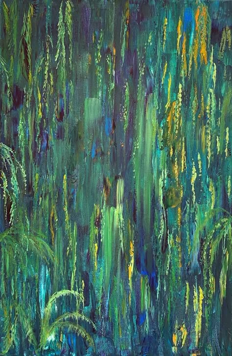 Original impressionism painting by Julie Wynn (Spain). This one-of-a-kind acrylic on canvas painting measures 15.7W x 23.6 H inches. The nature painting ships in a box directly from the artist's studio and is covered by the 14-day satisfaction guarantee from Saatchi Art, so you can buy with confidence. Paintings With Green Backgrounds, Calming Art Painting, Abstract Jungle Painting, Jungle Painting Acrylic, Green Painting Aesthetic, Chains Painting, Abstract Forest Painting, Abstract Nature Painting, Calm Forest