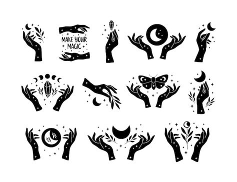 Witch hands vector illustration set. moo... | Premium Vector #Freepik #vector #background Hands Vector Illustration, Hands Vector, Esoteric Symbols, Witch Silhouette, Halloween Symbols, Witch Hands, Astrological Symbols, Boho Poster, Hand Drawn Vector Illustrations