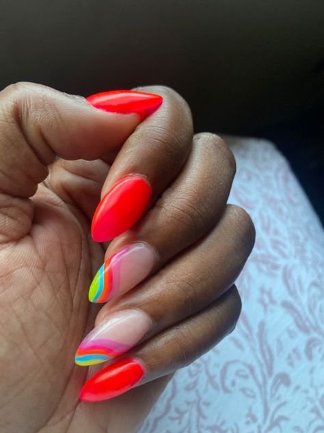 Dip And Gel Nails, Cute Oval Nails Design Summer, Bright Oval Nails, Tabitha Brown Colorful Nails, Bright Summer Short Nails, Bright Summer Nails Almond, Different Colour Nails, Almond Shaped Summer Nails, Island Nails Designs