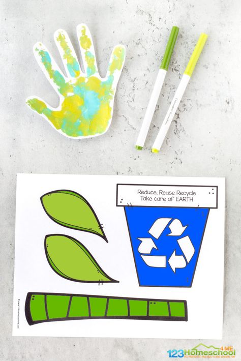 green and blue handprint and flower pot, stem, and leaves template Flower Craft Preschool, Handprint Flower Craft, Recycle Preschool, Recycling Activities For Kids, Flower Crafts Preschool, Hand Art Projects, Handprint Flower, Leaves Template, Earth Day Craft