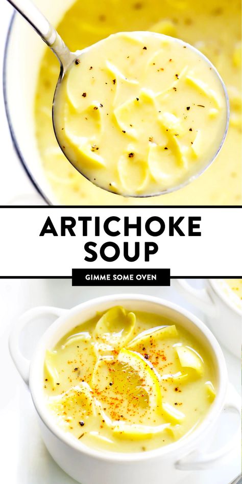 This lovely Lemony Artichoke Soup recipe is easy to make in just 30 minutes, it calls for simple pantry ingredients, and it's a beautiful and delicious dinner recipe that everyone is sure to love! Gluten-free and vegan options included. | gimmesomeoven.com #artichoke #soup #lemon #glutenfree #vegetarian #vegan #french #dinner Lemon Artichoke Soup, Lemony Tuscan Artichoke Soup, Baked Artichoke Recipes, Lemon Dinner Recipes, Vegan Artichoke Recipes, Meal Alternatives, Cold Soups, Autumn Moodboard, French Dinner