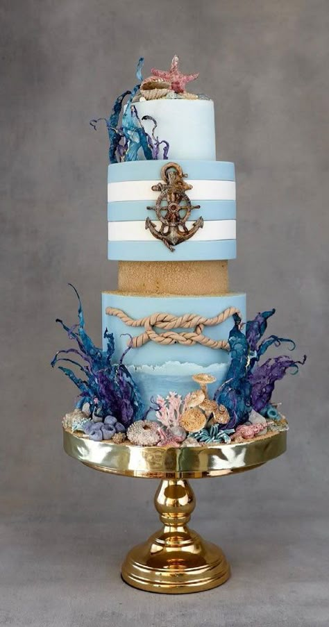 Beach Wedding Cakes, Oktoberfest Fancy Dress, Nautical Wedding Cakes, Beach Themed Cakes, Unique Wedding Cake, Wedding Cake Display, Ocean Cakes, Nautical Cake, Sea Cakes