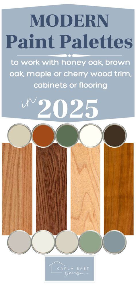 Paint color palettes for homes with oak, cherry, or maple cabinets or trim Paint Colors That Go With Red Toned Wood Trim, Paint Colors For Warm Wood Floors, Paint With Oak Trim, Brown Floor Paint, Oak Kitchen Cabinets Wall Color, Accent Paint Colors, Warm Neutral Paint Colors, Cherry Wood Cabinets, Top Paint Colors