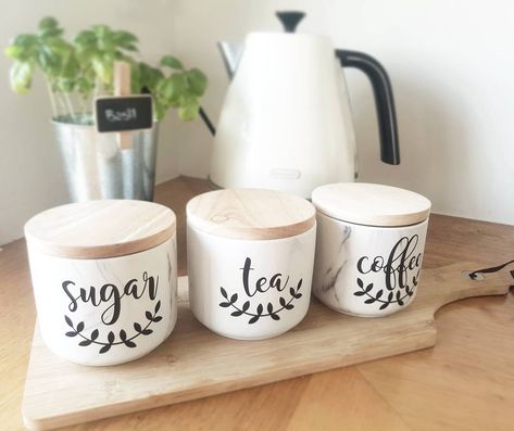 19 People Who Really Did The Most With Their Kmart Homewares Sugar Tea Coffee Containers, Kitchen Jar Labels, Tea Coffee Sugar Jars, Canister Labels, Coin Café, Magnolia Leaf, Sugar Storage, Pantry Organisation, Coffee Ideas