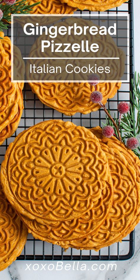 Pizzelle Sandwich Cookies, Gingerbread Pizzelle Recipe, Pizzelle Cookies Ideas, Christmas Pizzelles, Pizelle Cookies Recipes, Gingerbread Pizzelles, Chocolate Pizzelle Recipe, Pizelle Recipe, Italian Cookie Recipe