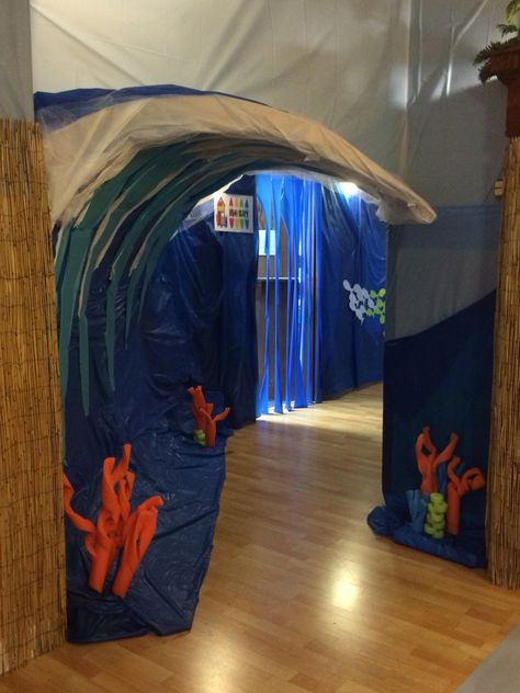 Waves Decoration Ocean Themes, The Flood Vbs Decorations, Deep Sea Vbs Decorations, Scuba Theme Vbs, Cardboard Waves, Beach Themed Hallway Decor School, Break Rock Beach Vbs, Breaker Beach Vbs, Breaker Beach Vbs Decorations