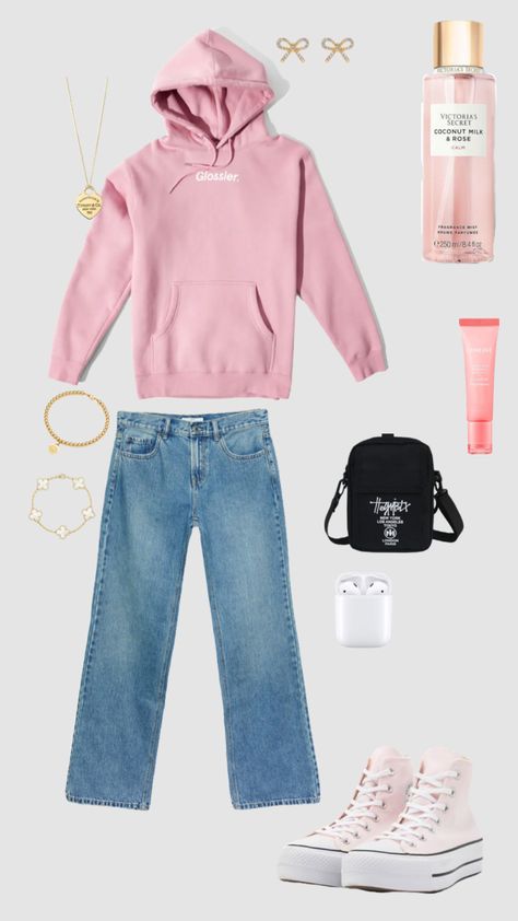 #outfitinspo #beauty #glossier #pink #tiffanyandco #converse Light Pink Hoodie Outfit, Glossier Hoodie, Light Blue Hoodie, Converse Outfits, Outfits Matching, Glossier Pink, Vanilla Girl, Outfits With Converse, Tiffany And Co