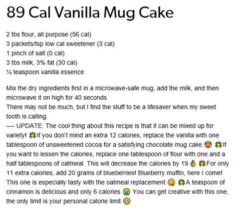 Low Calorie Mug Cake Recipes, Low Cal Microwave Dessert, Low Cal Baking, Low Cal Mug Cake, Mug Cake Low Calorie, Low Calorie Mug Cake, Vanilla Mug Cake, Food Calories List, Super Low Calorie