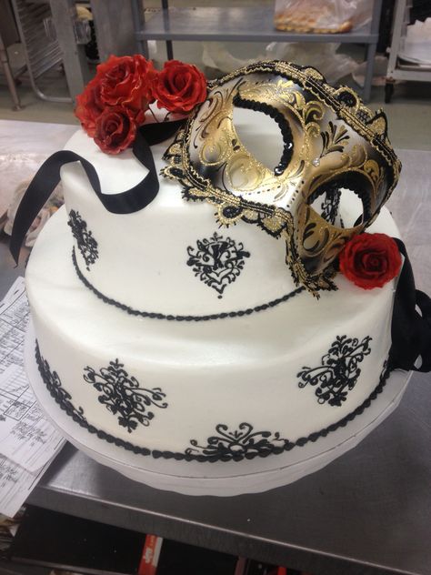 Two tiered Masquerade themed cake with black ornate filigree dark red roses and elegant mask in dark tones and gold Masquerade Theme Cake, Masquerade Birthday Cake, Masquerade Cake Ideas, Masquerade Ball Cake, Masquerade Party Cake, Masquerade Cake, Elegant Mask, Masquerade Cakes, Quince Cakes