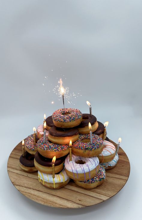 Donut Brunch Party, Donuts On Cake Stand, Donut Stacked Cake, Mini Donut Birthday Cake Tower, Custom Donuts For Birthday, Donut Stand Ideas, Cake Made Of Donuts Birthday, Half Donut Cake, Serving Donuts Party Ideas