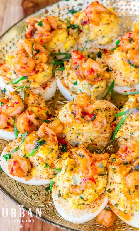 Creole Deviled Eggs, Seafood Potluck Dishes, Lobster Deviled Eggs, Soul Food Brunch Ideas, Cajun Shrimp Deviled Eggs, Crawfish Meals, Soul Food Appetizers, Crawfish Deviled Eggs Recipe, New Orleans Appetizers