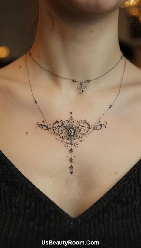 Small Collarbone Tattoo, Collarbone Tattoo Ideas, Girl Spine Tattoos, Small Neck Tattoos, Floral Mandala Tattoo, Collarbone Tattoo, Small Chest Tattoos, Small Shoulder Tattoos, Necklace Tattoo