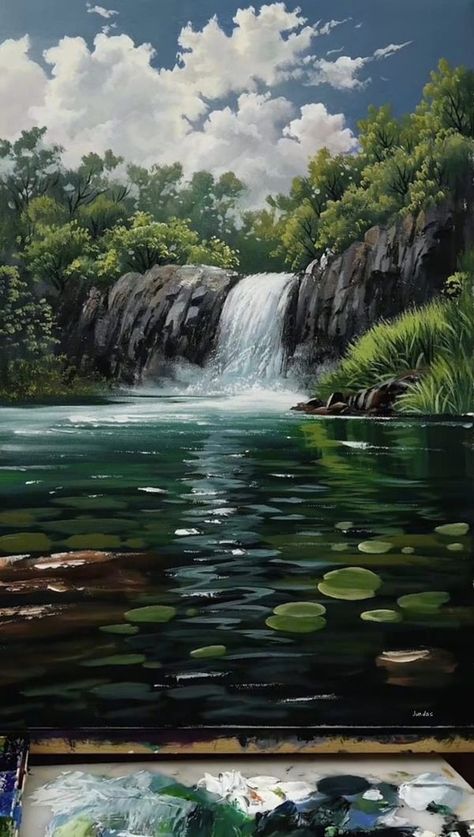 Waterfall Painting Acrylic, Acrylic Nature Painting, Waterfall Painting, Waterfall Paintings, Nature Pics, Small Waterfall, Nature Painting, Art Inspiration Painting, Landscape Canvas