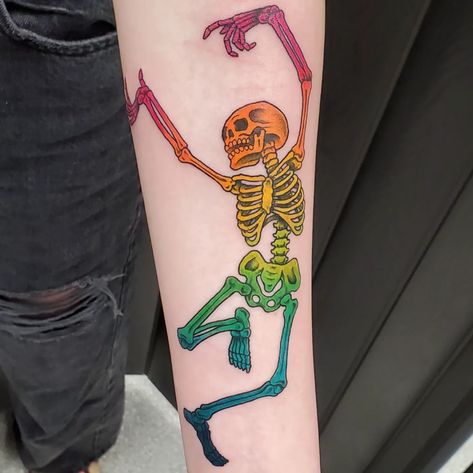 This is a dancing rainbow skeleton in a Neo Traditional Style that I recently had tattooed. Hope you enjoy! Rainbow Skeleton Tattoo, Skeleton Dancing Tattoo, Dancing Skeleton Tattoo, Dancing Tattoo, Rainbow Skeleton, Rainbow Tattoo, Skeleton Dancing, Skeleton Tattoo, Rainbow Tattoos