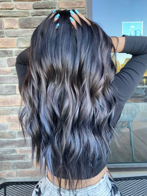 Steel Blue Balayage, Silver Blue Highlights On Dark Hair, Blue Baylage Hair Dark, Grey Blue Highlights, Dark Blue Balayage Hair, Blue And Grey Hair, Blue Steel Hair, Grey Blue Hair, Black Hair With Blue Highlights