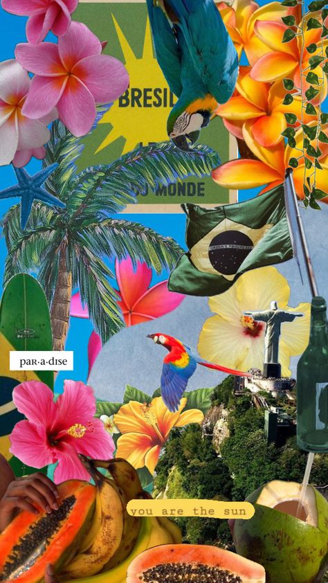 Brazil Tropical Aesthetic, Brazil Mood Board, Bright Tropical Aesthetic, Tropicalia Art, Brazil Core, Picasso Blue, Brazil Culture, Brazil Carnival, Travel Infographic