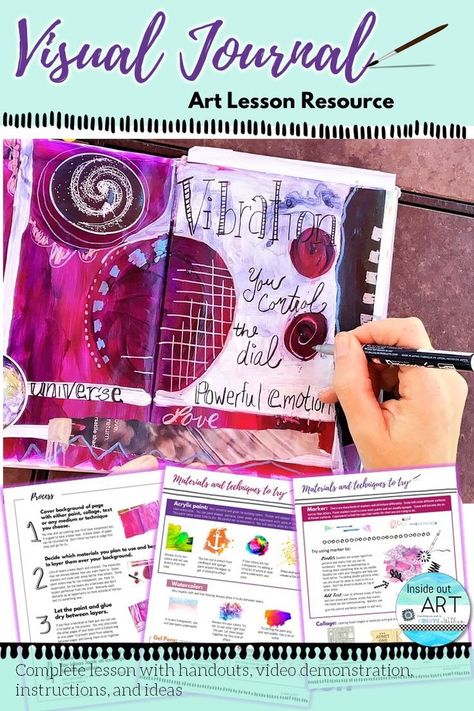 This Visual Art Journal Art Lesson Plan is a great easy art project for middle or high school art classes.  It introduces students to a variety of media such as watercolor, pen and ink, marker, acrylic paint, collage and more.  Students learn to use the elements and principals of art to express themselves in a visual way.  Visual journals and sketchbooks are great to relieve stress, calm the mind and learn about yourself.  No drawing experience is necessary.  #artproject #artjournal Principals Of Art, Visual Art Journal, Art Lesson Plan, Learn About Yourself, Visual Journals, High School Art Lessons, Inside Art, Art Worksheets, Acrylic Painting Lessons