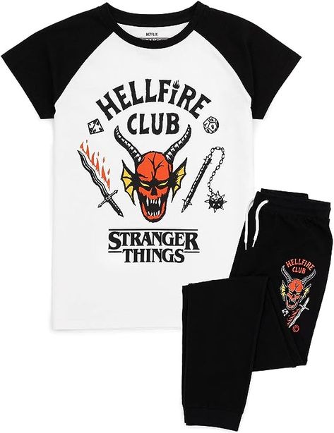 Stranger Things Kids Pyjamas | Unisex Hellfire Club Outfit Eddie Eleven Mike Dustin Max Members T-Shirt Loungepants Co-Ord Pjs Set | Netflix Series Merchandise Nancy Steve, Club Symbol, Chief Hopper, Eleven Mike, Stranger Things Merchandise, Loungewear Outfit, Co Ords Outfits, Stranger Things Tshirt, Watch Stranger Things