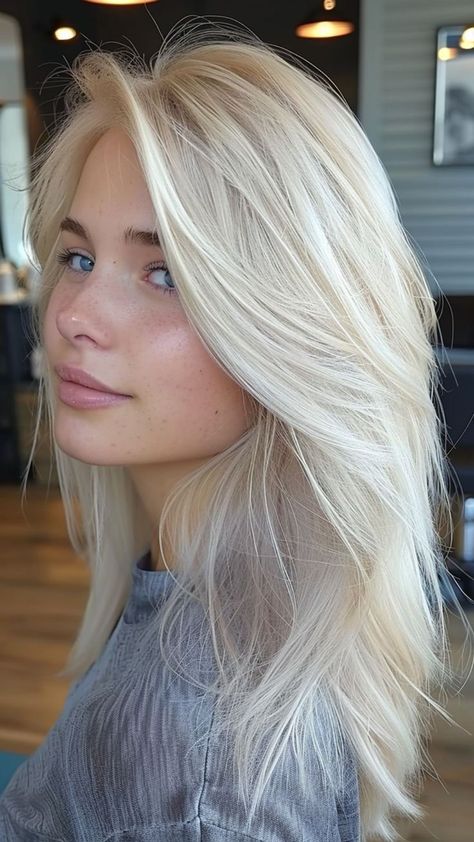 Blond Hair With Silver Highlights, Light White Blonde Hair, Icy Cool Blonde Hair Color, Long Icy Blonde Hair, Blonde Hair 2024 Trends, Blonde With Color, Blond Silver Hair, Natural Platinum Blonde Hair, Nordic Blonde Hair