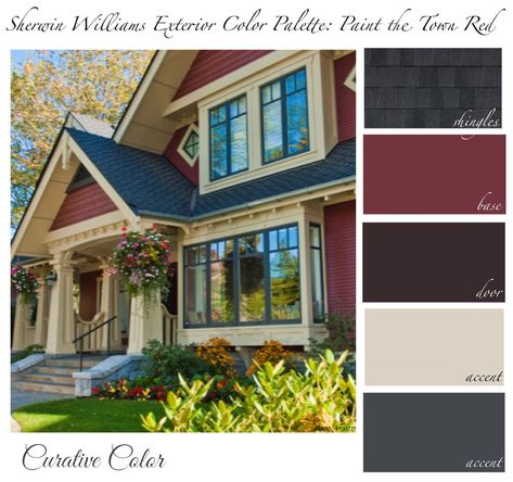 Paint the Town Red SHERWIN WILLIAMS Exterior Color Palette - Etsy Red House Colors Exterior, Red House Color Scheme, Red And White House Exterior, Colonial Red Paint, Red Cottage Exterior, Red House Exterior Color Palettes, Red Cabin Exterior, Red Exterior House Colors Farmhouse, Red Colonial House Exterior