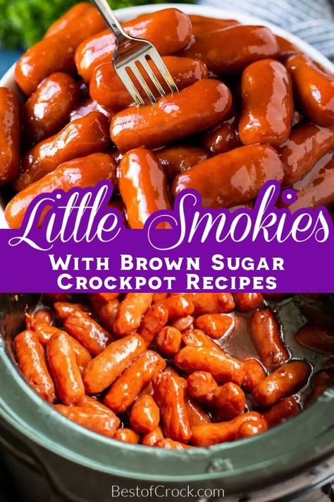 Crockpot little smokies with brown sugar recipes make the best crockpot party recipe for appetizers and finger foods. Crockpot Party Recipes | Party Appetizer Recipes | Crockpot Finger Foods | Slow Cooker Little Smokies with Bacon | Cocktail Weenie Recipes #crockpot #sausage Crock Pot Cocktail Weenies, Lil Weenies Crockpot, Little Smokies And Meatballs Crockpot, Crockpot Meatballs And Weenies, Crock Pot Weenies Lil Smokies, Crockpot Cocktail Weenies, Lil Weenies Recipe, Bbq Little Smokies Crockpot, Crockpot Weenies Lil Smokies