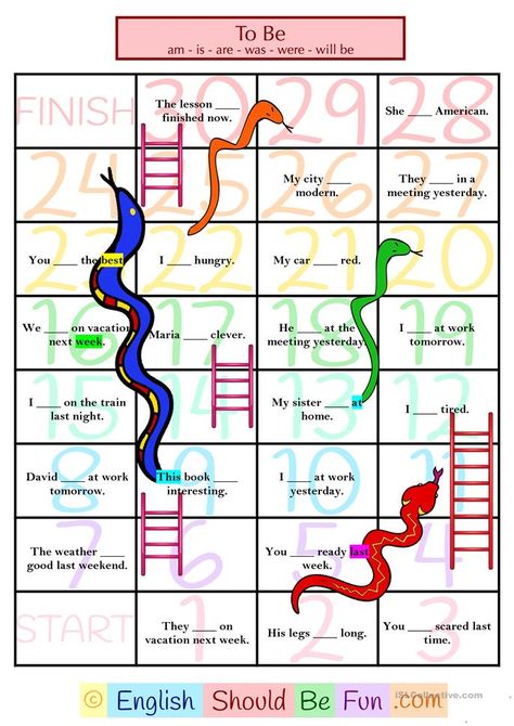 To Be - Snakes and Ladders - English ESL Worksheets for distance learning and physical classrooms Snakes And Ladders Printable, Snake And Ladder, Snakes And Ladders Game, Ladder Game, Snake Ladder, Esl Learning, Verbo To Be, Ladders Game, Simple Past