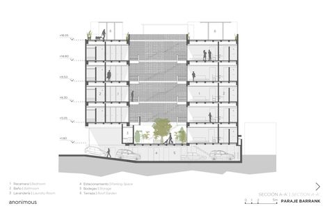 Image 21 of 24 from gallery of Barrank Building / anonimous. Section AA' Square Plans Architecture, Patio Organization, Underground Building, Concrete Tile Floor, Residential Building Design, Glass Building, Nyc Studio, Small Space Design, Concrete Building