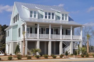 Siding- Sullivan's Island DCL019 Trim- Charleston White DCR100 Shutters- Colleton Woods DCR115 Foundation- Quill DCR102 Louvers- Natural Stone Taupe DCR104 *all Sherwin Williams Beachy Palette, Beach House Exterior Colors, Tropical Exterior, Raised House, Cottage Exteriors, Beach House Exterior, Exterior Stairs, Exterior Color Schemes, Bay House