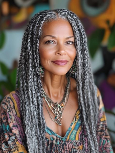 Salt And Pepper Braids Black Women, Individual Braids For Black Women, Older Black Women Hairstyles Over 50, Braids For Older Black Women Over 50, Black Woman With Braids, Older Black Woman, Grey Braids, Graying Gracefully, Grey Hair Braids