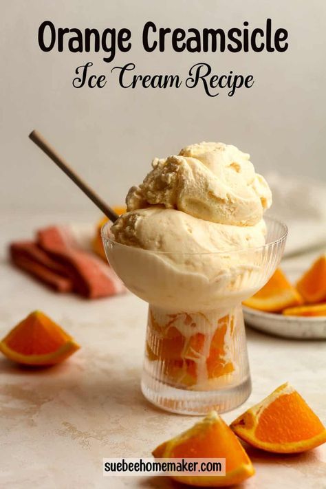 This Orange Creamsicle Ice Cream Recipe is a delicious and nostalgic treat that combines a sweet cream base with an orange flavor. Fresh orange juice and zest add just the right amount of citrus to make this taste like the treat we grew up with! Orange Creamsicle Ice Cream Recipe, Creamsicle Ice Cream Recipe, Orange Creamsicle Ice Cream, Vitamix Ice Cream, Slushie Recipes, Creamsicle Ice Cream, Frozen Yogurt Popsicles, Orange Ice Cream, Yogurt Popsicles