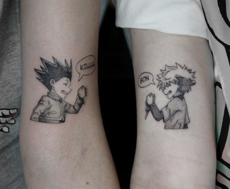 Killua X Gon Tattoo Ideas, Matching Hunter X Hunter Tattoos, Gon And Killua Matching Tattoos, Gon And Killua Tattoo, Matching Anime Tattoos, Duo Tattoo Ideas, Killua Tattoo, Hunter X Hunter Tattoo, Partner Tattoo