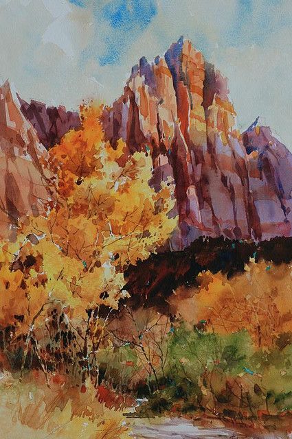 The Watchman-Zion | Flickr - Photo Sharing! Desert Landscape Art, Ghost Ranch, Zion Canyon, Watercolor Projects, Desert Painting, Watercolor Painting Techniques, Southwest Art, Watercolor Landscape Paintings, Watercolor Trees