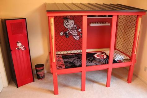 Brilliant! A Dugout Bed! We will customize your bed with your favorite team colors.This price includes delivery and set up. Please check us out at:      www.Dugoutbeds.com Dugout Bed, Baseball Rooms, Baseball Furniture, Sports Rooms, Baseball Bedding, Baseball Bed, Baseball Dugout, Toddler Bed Boy, Baseball Bedroom