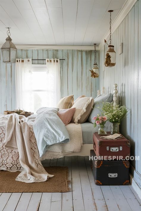 Cottage-Inspired Beach House Bedroom Decor: Cozy And Coastal - Homespir Cottage Loft Bedroom, Vintage Beach Bedroom, Beach House Bedroom Decor, Vintage Coastal Cottage, Coastal Cottage Bedroom, Cottage Loft, Beach House Bedroom, Loft Bedroom, Bedroom Decor Cozy