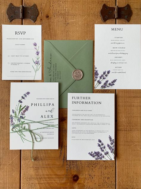 Boho Lavender Flowers Wedding Invitation Suite with Menu choices and Details Insert. Printed Wedding Invitations with printed address.  Option 1 - Main Invite (+ Outer Envelope + Wax Seal) Option 2 - Main Invite + Details Card (+ Outer Envelope + Wax Seal) Option 3 - Main invite + Details Card + Menu + Double sided RSVP with Menu Choices (+ Outer Envelope + RSVP Envelope + Wax Seal) If you require a different colour envelope, please get in touch as we have some other options available.  Invitati Forest Green Lavender Wedding, Lilac Wedding Invitations Lavender, Green And Purple Wedding Invitations, Sage Green Lavender Wedding, Lavender Flowers Wedding, Weding Invitation, Envelope Wax Seal, Lavender Wedding Invitation, Lilac Wedding Invitations