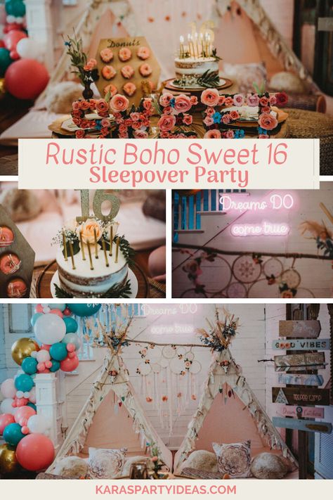 Sweet 16 Sleepover Decorations, Boho Sleepover Party Ideas, Glamping Sweet 16 Birthday Party, Boho Party Activities, Sweet 16 Glamping Bday Party, Boho Slumber Party Ideas, Boho Chic Birthday Party Ideas, Boho Sweet 16 Party Ideas, Boho 13th Birthday Party Ideas