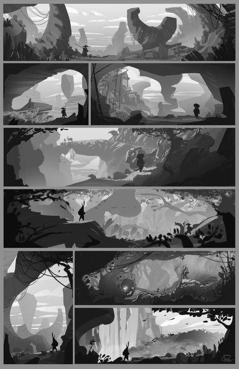 Environment Concept Art Composition, Sztuka Science Fiction, Environment Sketch, Storyboard Illustration, Animation Storyboard, Concept Art Tutorial, 2023 Art, Landscape Concept, 흑백 그림