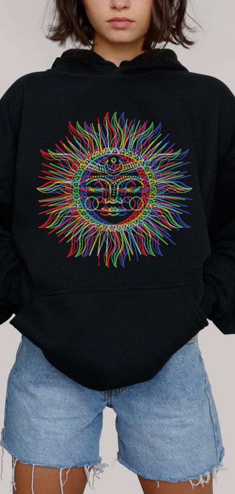 Trippy Clothing, Spiritual Sun, 90s Celestial, Trippy Clothes, Sun Hoodie, Trippy Shirts, Composition Ideas, State Of Consciousness, Celestial Style