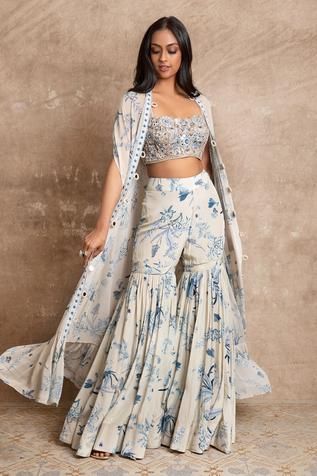 Shop for Arpita Mehta Blue Crepe Silk Floral Print Cape And Sharara Set for Women Online at Aza Fashions Indian Outfits Modern, Arpita Mehta, Indian Dresses For Women, Sharara Designs, Simple Lehenga, Function Dresses, Trendy Outfits Indian, Diwali Outfits, Lehenga Designs Simple