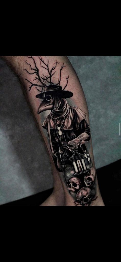 Plague Doctor Tattoo, Calf Sleeve Tattoo, Gas Mask Tattoo, Halloween Tattoos Sleeve, Doctor Tattoo, Lower Arm Tattoos, Plague Doctors, Tattoo Catalog, Tattoo Filler