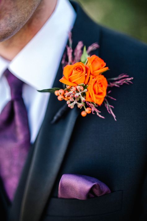 Royal Purple Bridesmaid Dress, Orange Purple Wedding, Orange Boutonniere, September Wedding Colors, Dark Purple Wedding, Purple Fall Wedding, Orange Wedding Colors, Wedding Orange, Orange Bouquets