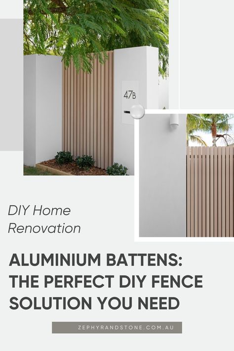 Looking to spruce up your backyard with an affordable, stylish DIY fence? Aluminium battens are your answer! They're easy to work with, lightweight, and durable. Plus, they come in different colors to suit your taste. Click on the pin to discover more about this DIY home renovation tip that's making waves in the fencing world! Aluminium Batten Fence, Timber Fence Ideas, Timber Batten Fence, Aluminium Battens, Aluminium Fencing, Coastal Luxe, Aluminium Fence, Timber Gates, Timber Battens