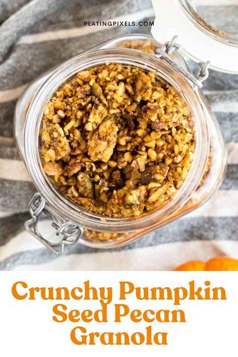 This easy homemade granola is packed with roasted pumpkin seeds, pecans, and warm fall spices. Perfect for breakfast, snacking, or topping yogurt and oatmeal. Whip up a batch today! Yogurt And Oatmeal, Pecan Granola, Easy Homemade Granola, Pumpkin Granola, Crispy Waffle, Maple Pumpkin, Roasted Pumpkin, Roasted Pumpkin Seeds, Easy Comfort Food