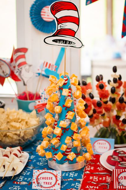 Dr Seuss' Cat in the Hat Birthday Party Ideas | Photo 3 of 50 | Catch My Party Cheese Tree, Cat In The Hat Birthday, Dr Seuss Party Ideas, Doctor Suess Birthday, Hat Birthday Party, Cat In The Hat Party, Dr Seuss Birthday Party, Hat Birthday, Dr Seuss Baby Shower