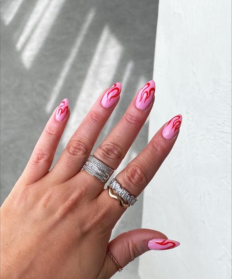 Pink And Red Flame Nails, Flames Manicure, Nail Fire Art, Flame Almond Nails, Pink Bride Nails, Red Flames Nails, Pink Flames Nails, Nail Flames, Glastonbury Nails